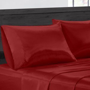 4-Piece:Ultra Soft Silky Satin Bed Sheet Set - RED - FULL SIZE